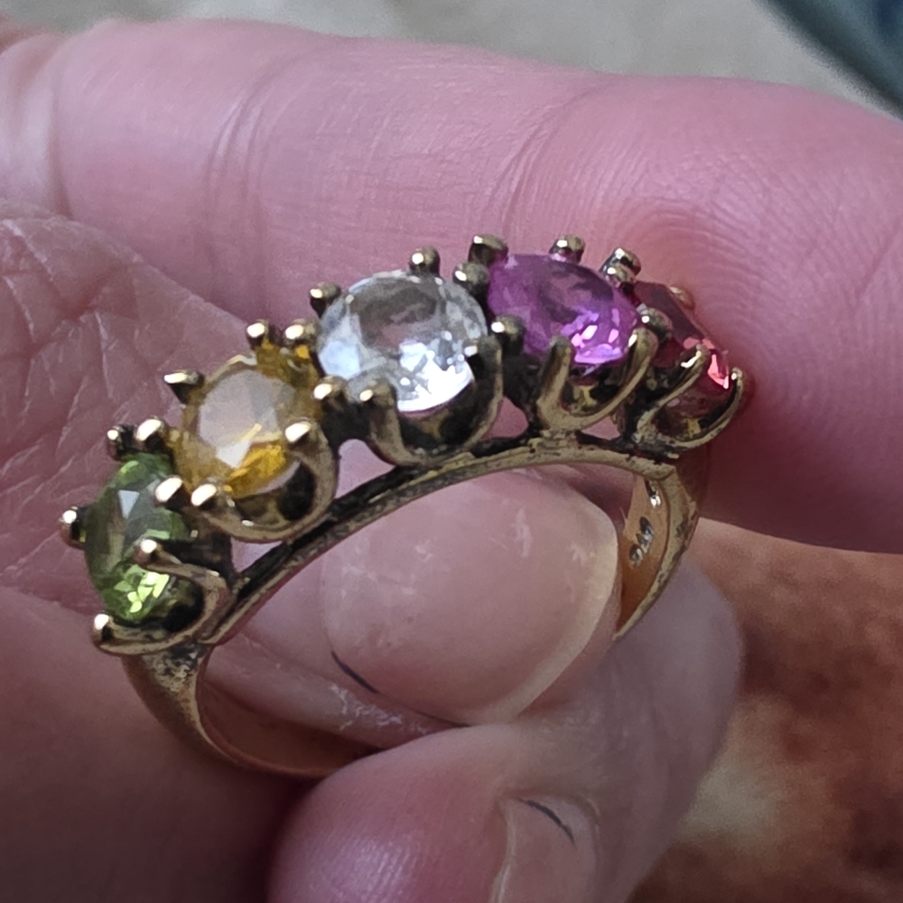 Gold-Tone Multi Gemstone Row Ring - Pink, Clear, Yellow, Green Stones